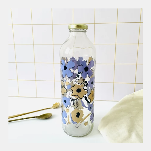 Botella de vidrio flores lila
