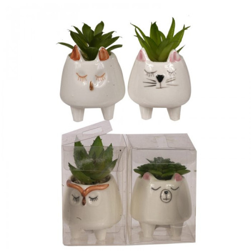 Maceta ceramica con planta artificial animalito chica