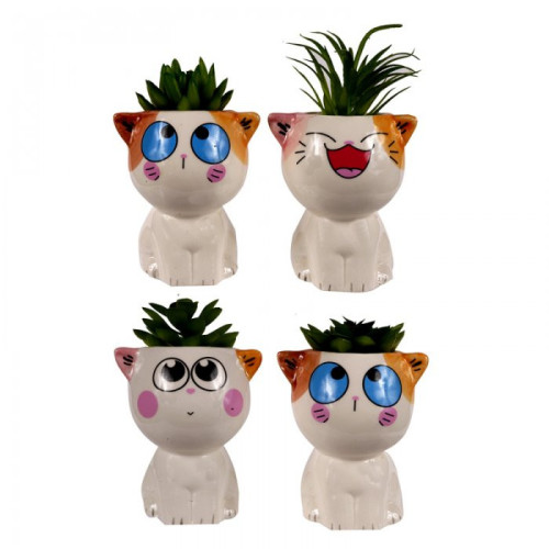 Maceta ceramica gatitos con plantita artificial