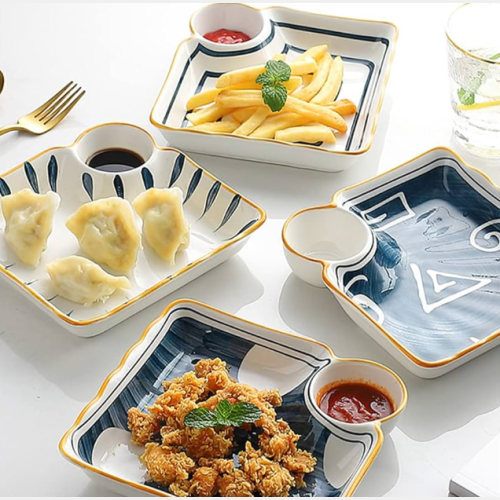 Plato cuadrado con porta aderezos o plato sushi