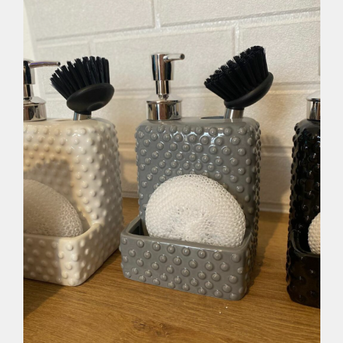 Dispenser detergente cerámica con esponja y cepillo