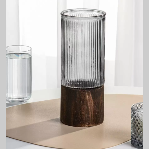 Florero vidrio base madera chico