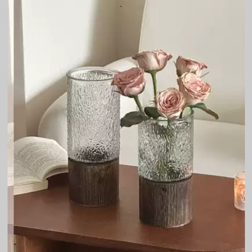 Florero vidrio base madera grande