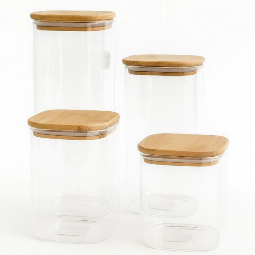 Set frascos tapa bambu cuadrados x 4