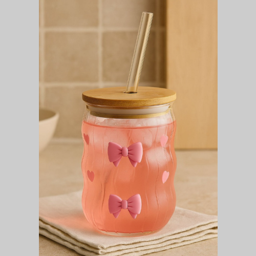 Vaso vidrio con sorbete bambu moño 450ml