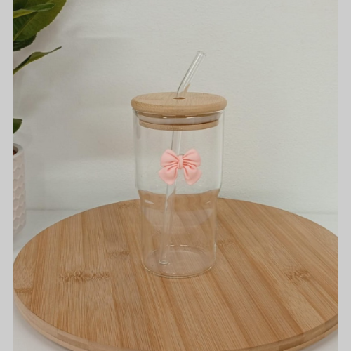 Vaso vidrio con sorbete bambu aplique moño