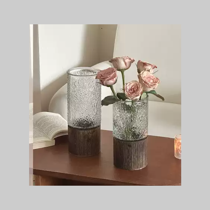 Florero vidrio base madera grande