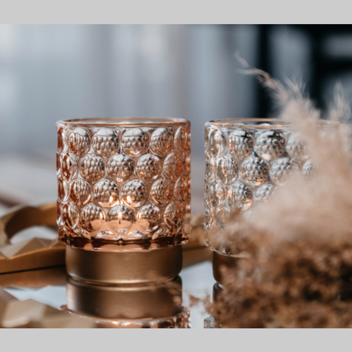 Porta vela vidrio burbuja base metal