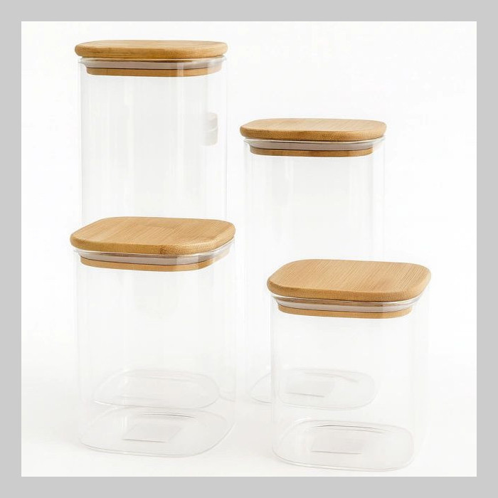 Set frascos tapa bambu cuadrados x 4