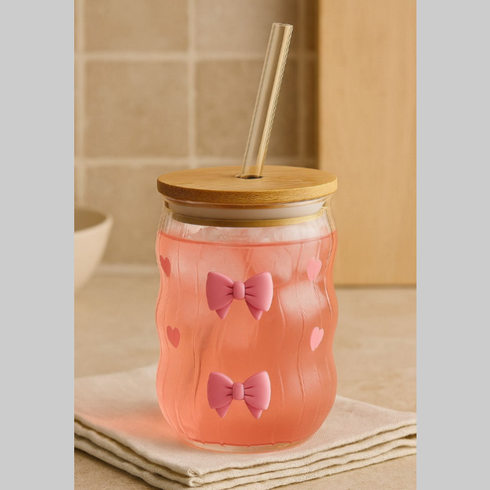 Vaso vidrio con sorbete bambu moño 450ml