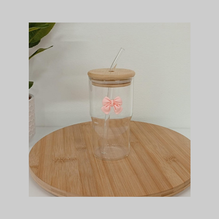 Vaso vidrio con sorbete bambu aplique moño